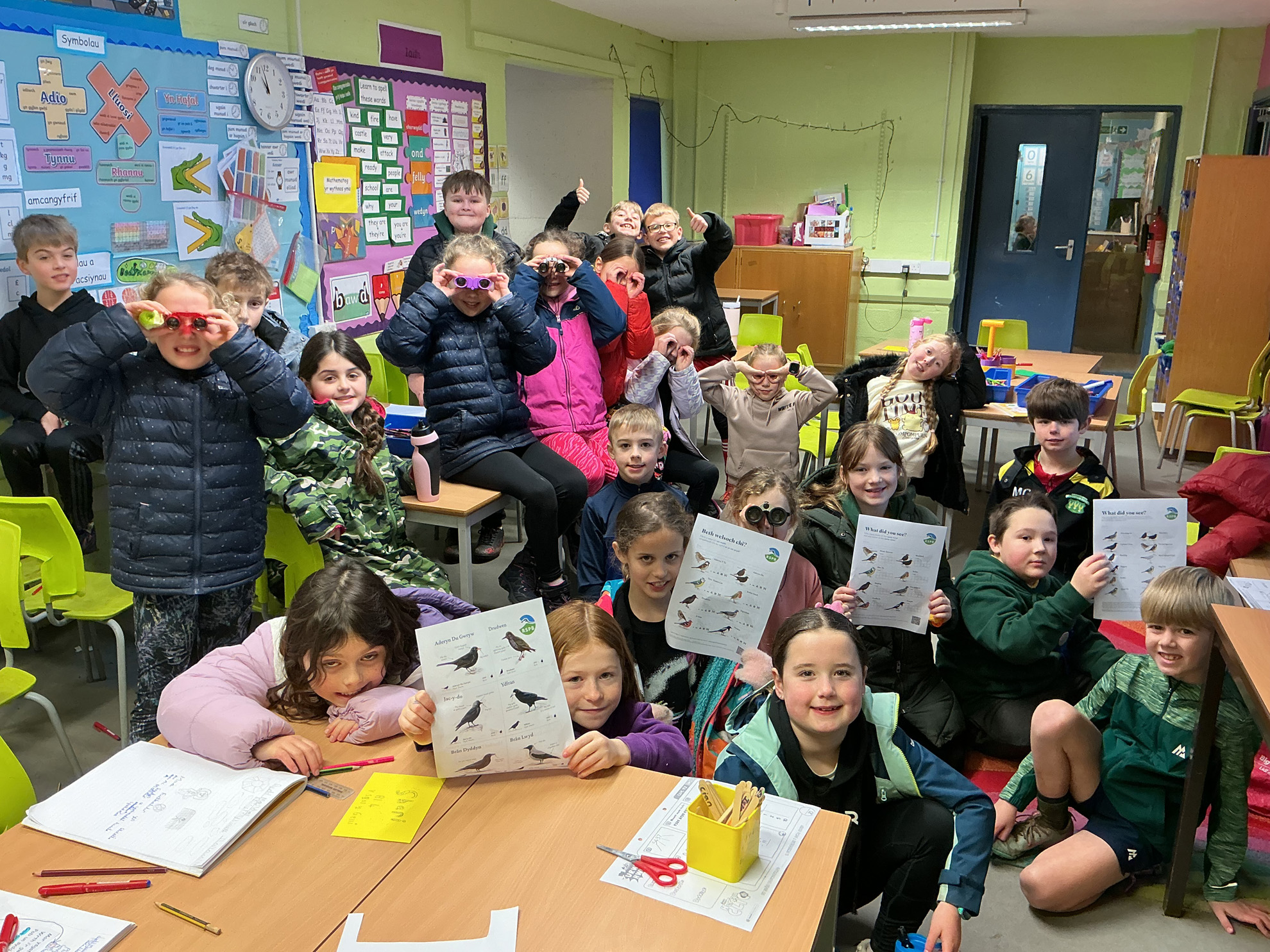 Plant Blwyddyn 4 yn cynnal archwiliad adar fel rhan o gynllun RSPB