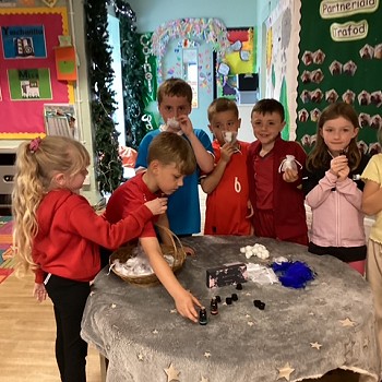 Mae Blwyddyn 2 yn falch o'r bagiau synhwyrol maen nhw wedi'u creu